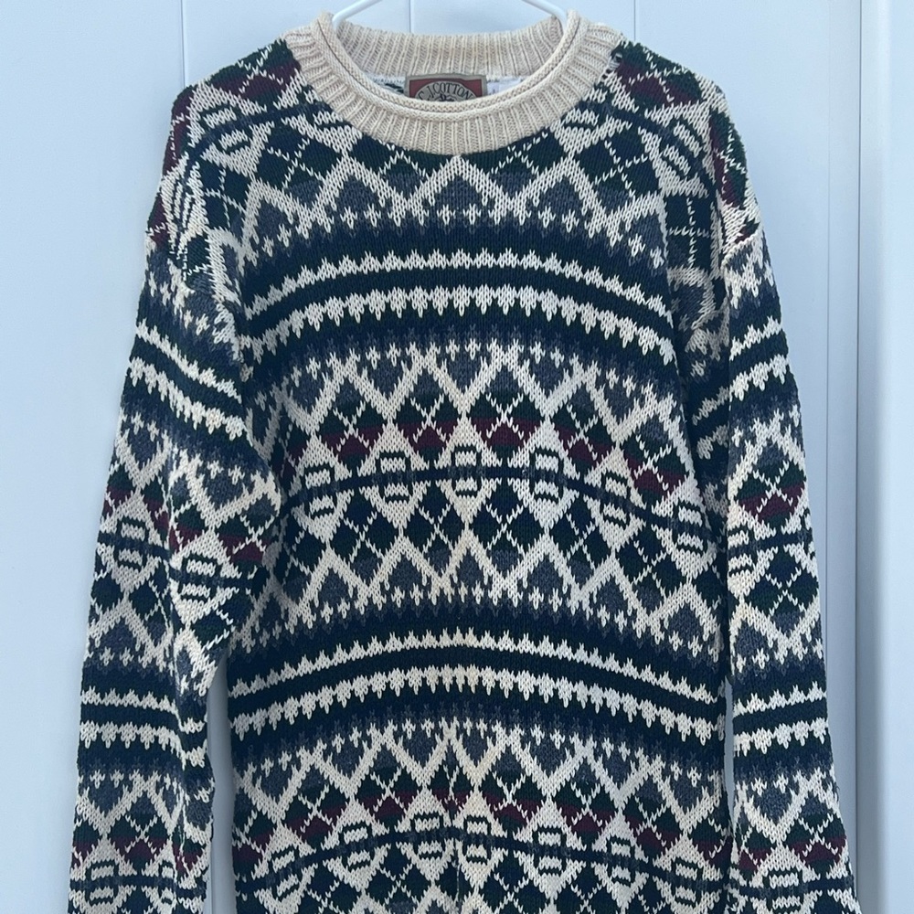 C.J. Cotton Mens Sweater knit Geometric Pattern main Navy Blue Size Medium